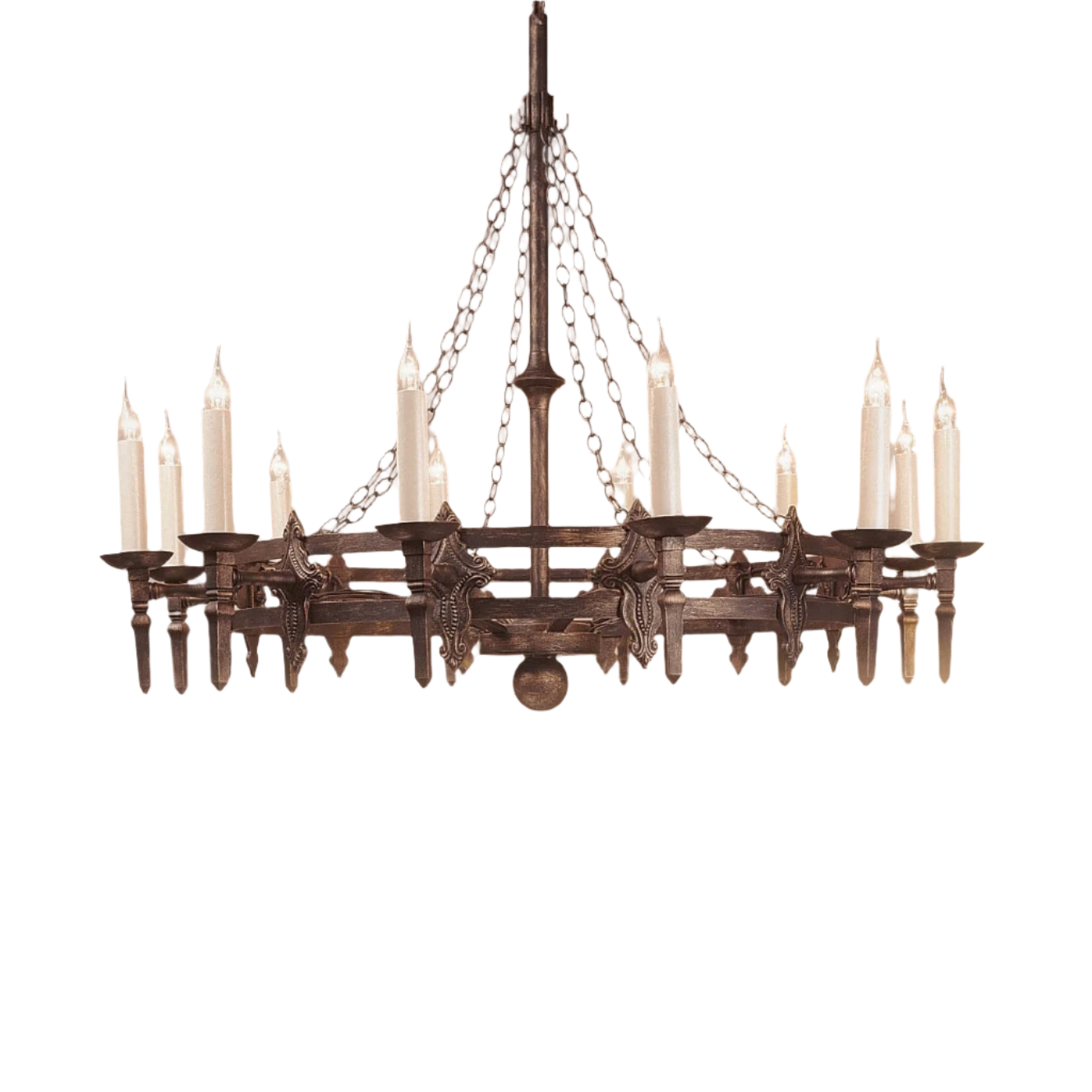 Impex Baronial 12 Light Iron Chandelier in Aged Metal