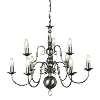 Impex Flemish 9 Light Metal Candle Chandelier in Pewter